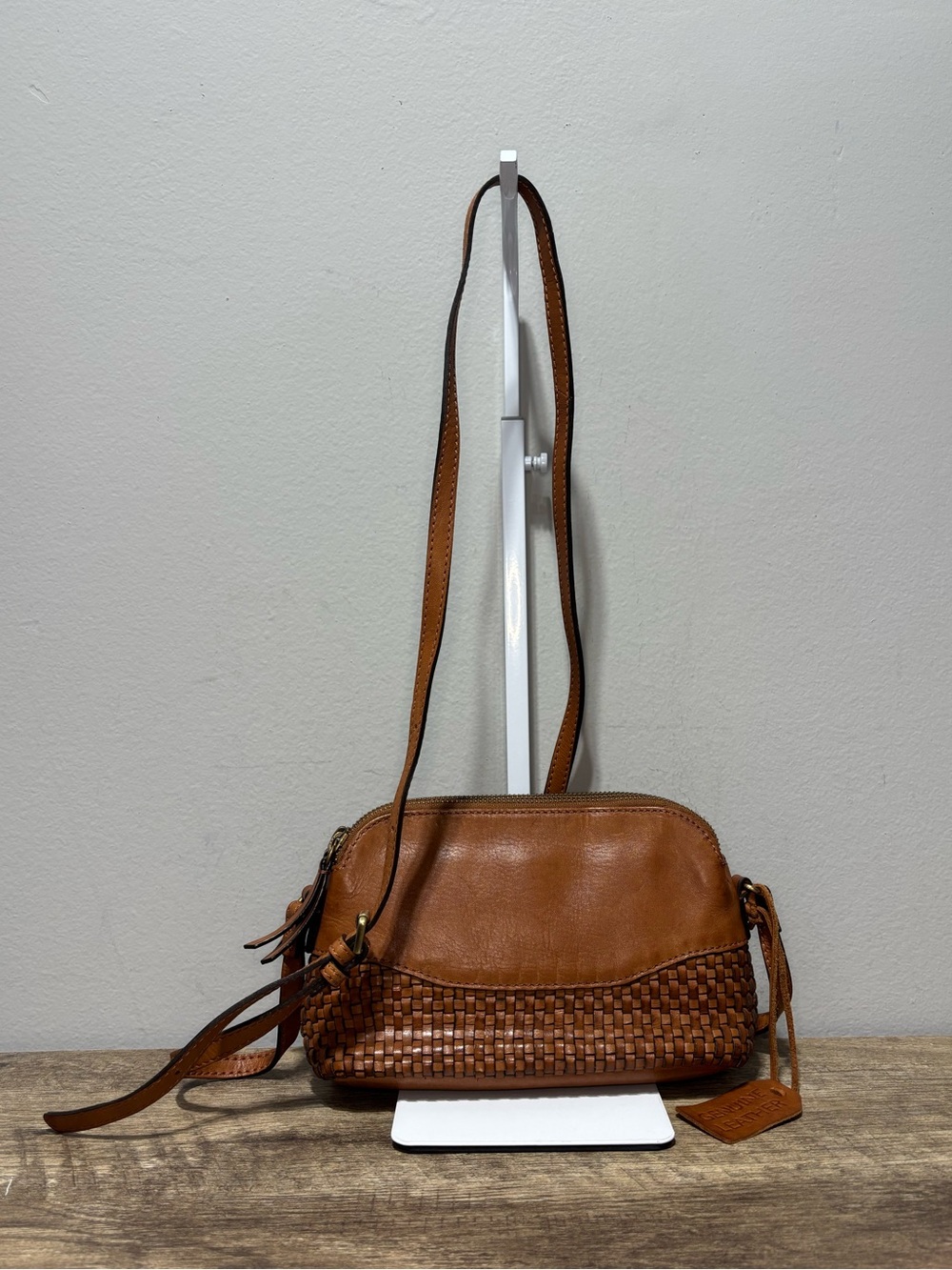 Woven Leather Crossbody Bag in Camel - Picture 12 of 12